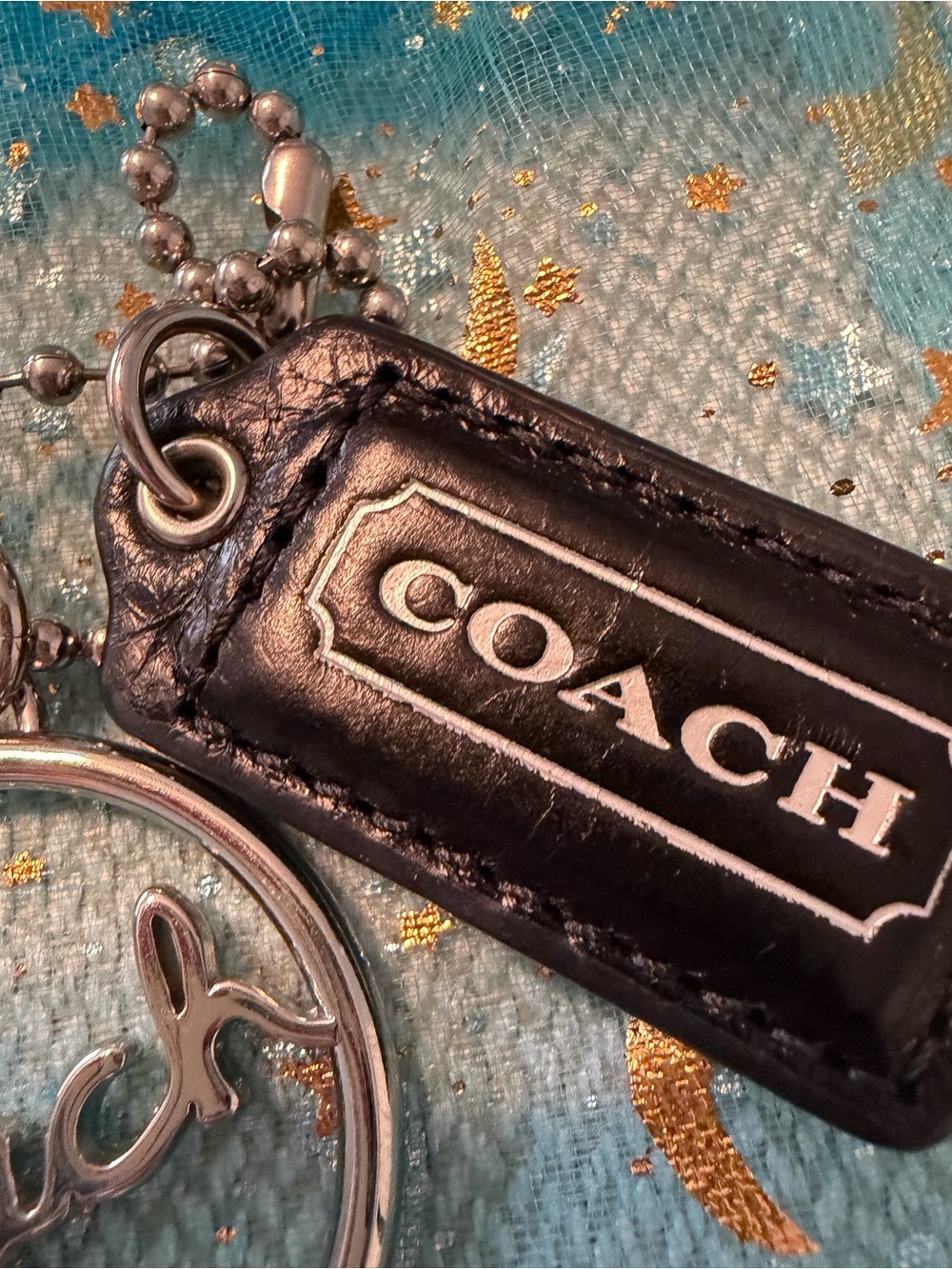 Coach Black Leather Tag & Silver Script Logo Keyring - Picture 3 of 4